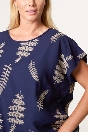 Embroidered Leaf Round Neck Top