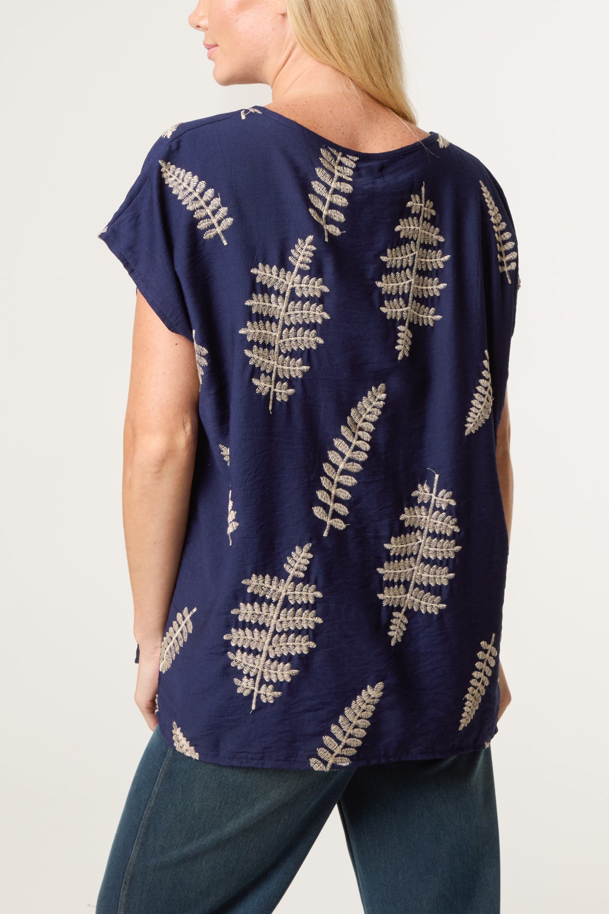 Embroidered Leaf Round Neck Top