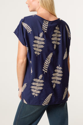 Embroidered Leaf Round Neck Top