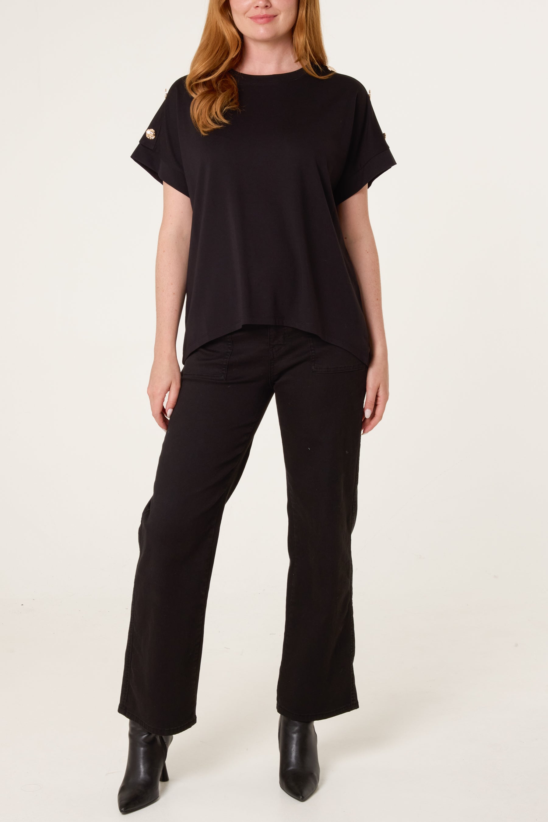 Gold Buttons Detail Round Neck T-Shirt