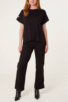 Gold Buttons Detail Round Neck T-Shirt