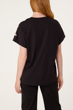 Gold Buttons Detail Round Neck T-Shirt