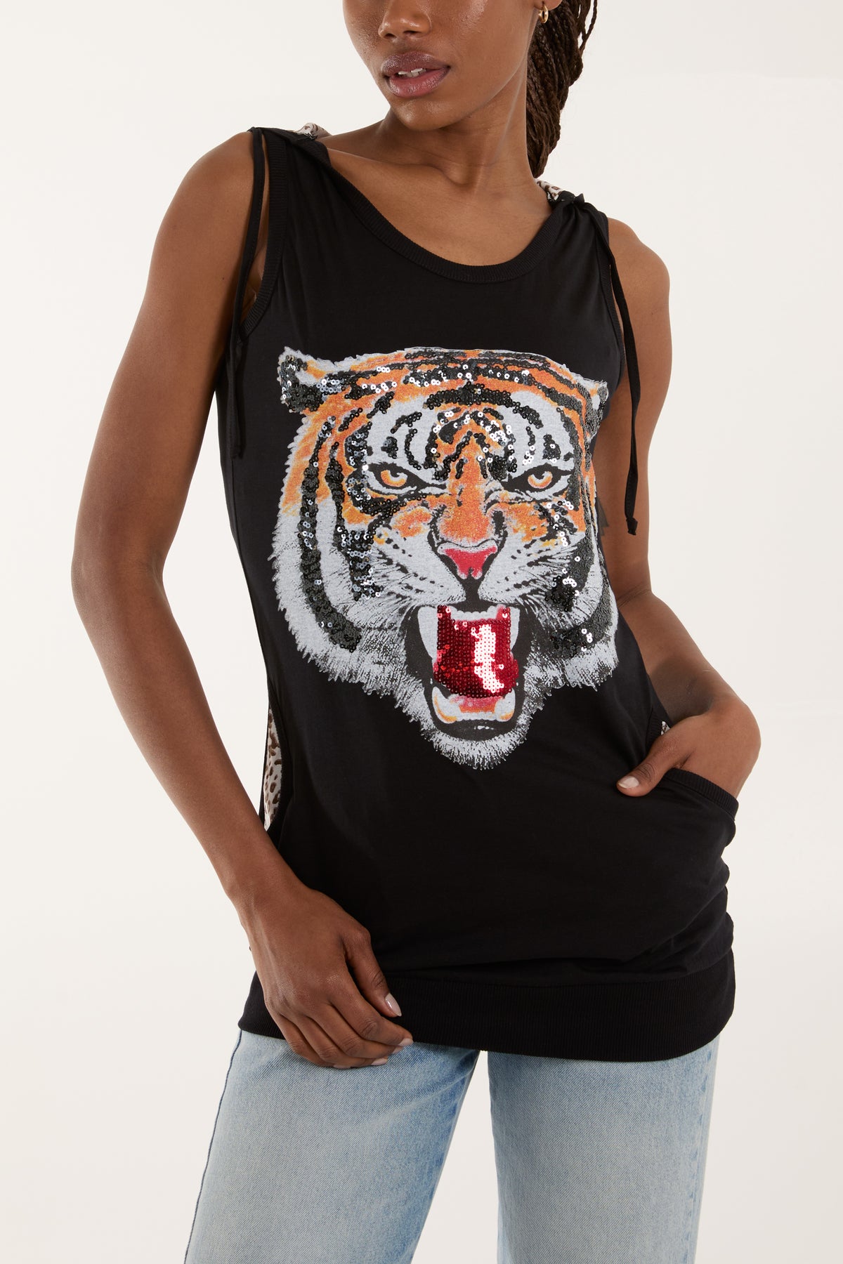 Embellished Tiger Sleeveless Hoodie