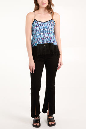 Peacock Print Fringed Trim Cami Top