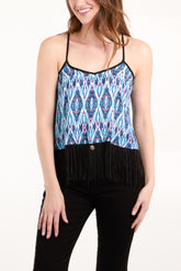 Peacock Print Fringed Trim Cami Top