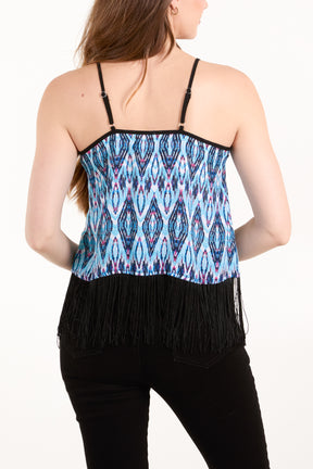 Peacock Print Fringed Trim Cami Top