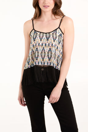 Peacock Print Fringed Trim Cami Top