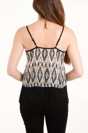 Peacock Print Fringed Trim Cami Top