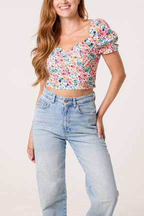 Ditsy Floral Cropped Puff Sleeve Top