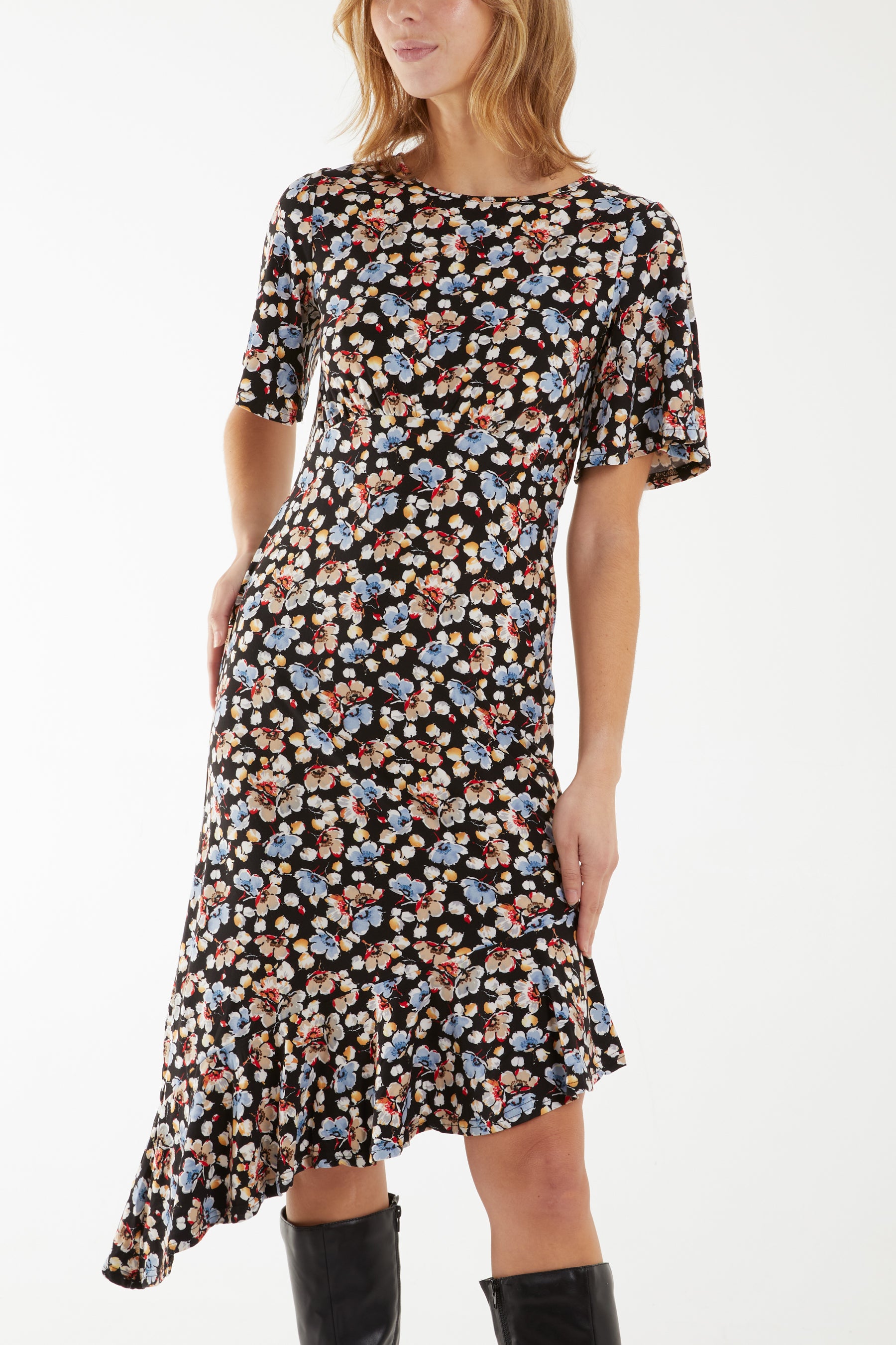 Angel Sleeve Asymmetric Floral Midi Stretch Dress