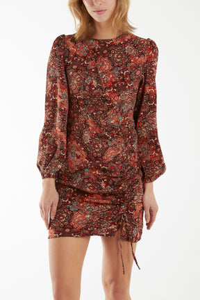 Paisley Print Bell Sleeve Ruched Mini Dress