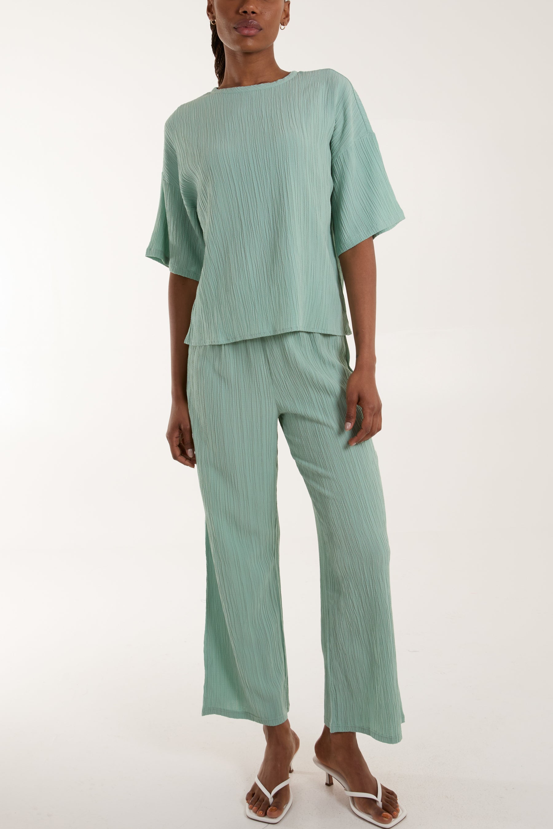 Plisse Button Back T-Shirt & Trouser Co-Ord Set