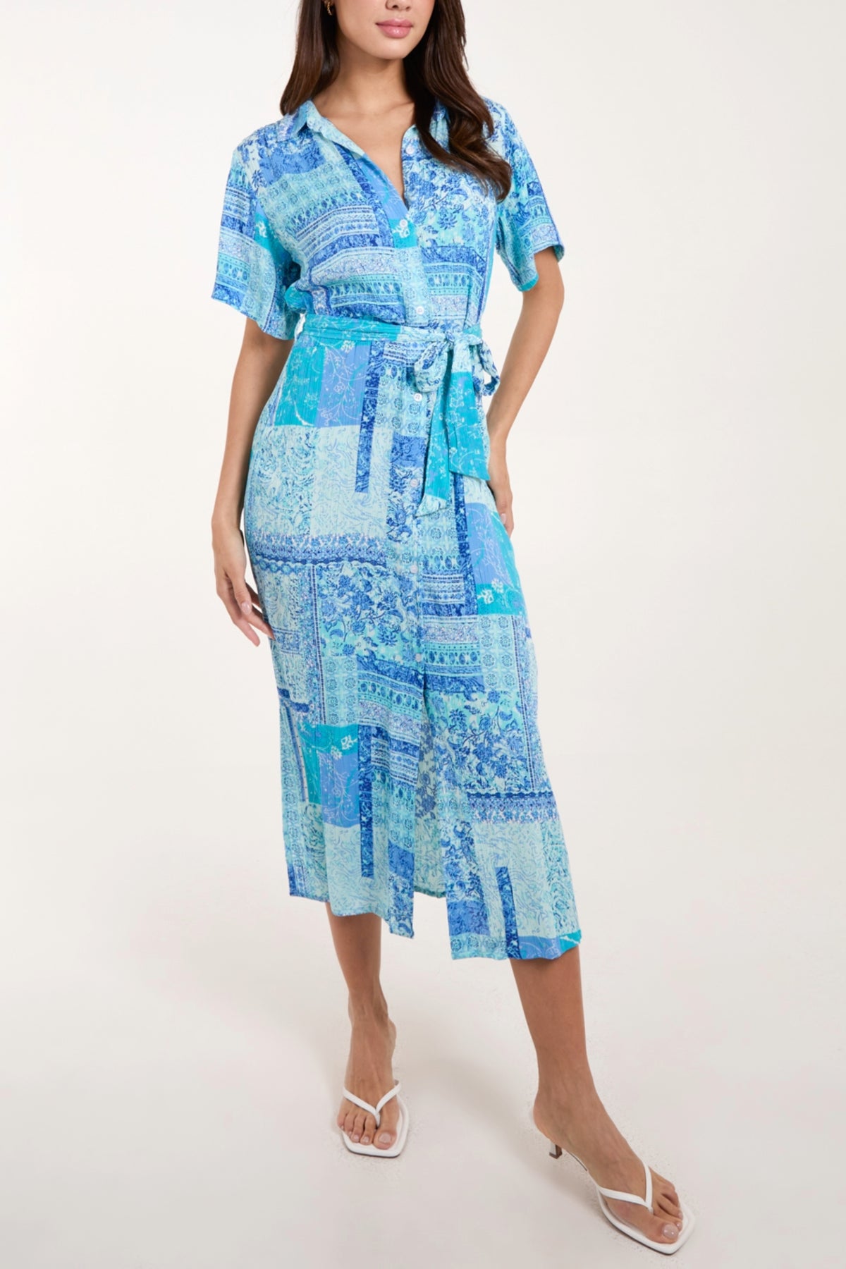 Patchwork Button Tie Front Midi Dress