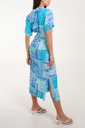 Patchwork Button Tie Front Midi Dress