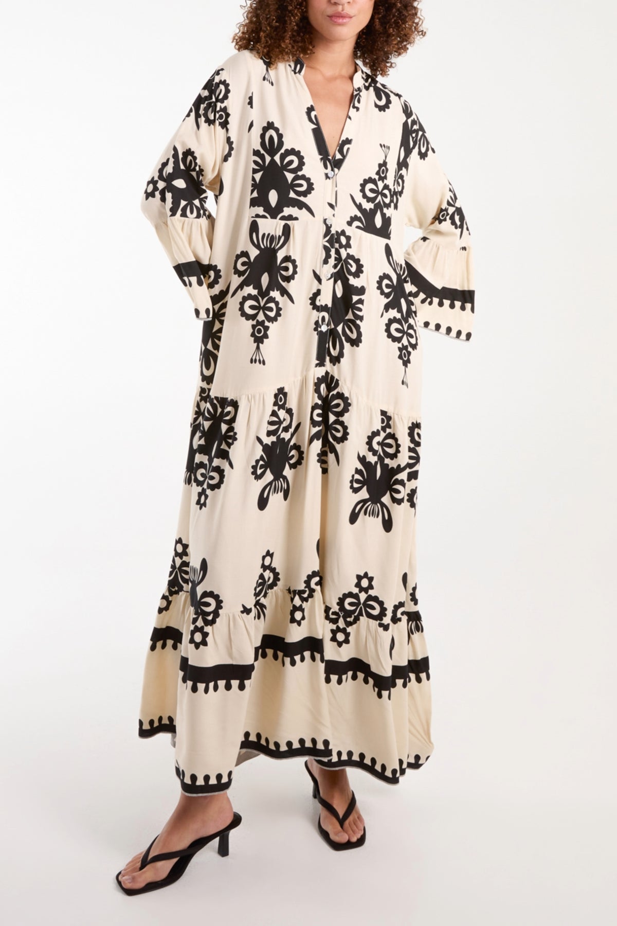 Open Collar Damask Print Maxi Dress