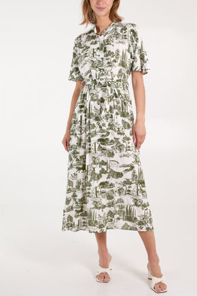 Toile De Jouy Belted Button Dress