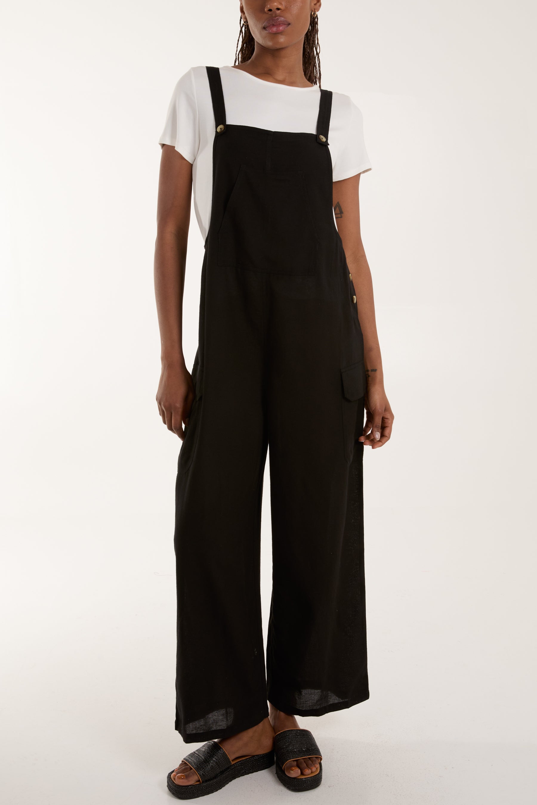 Button Detail Wide Leg Dungarees