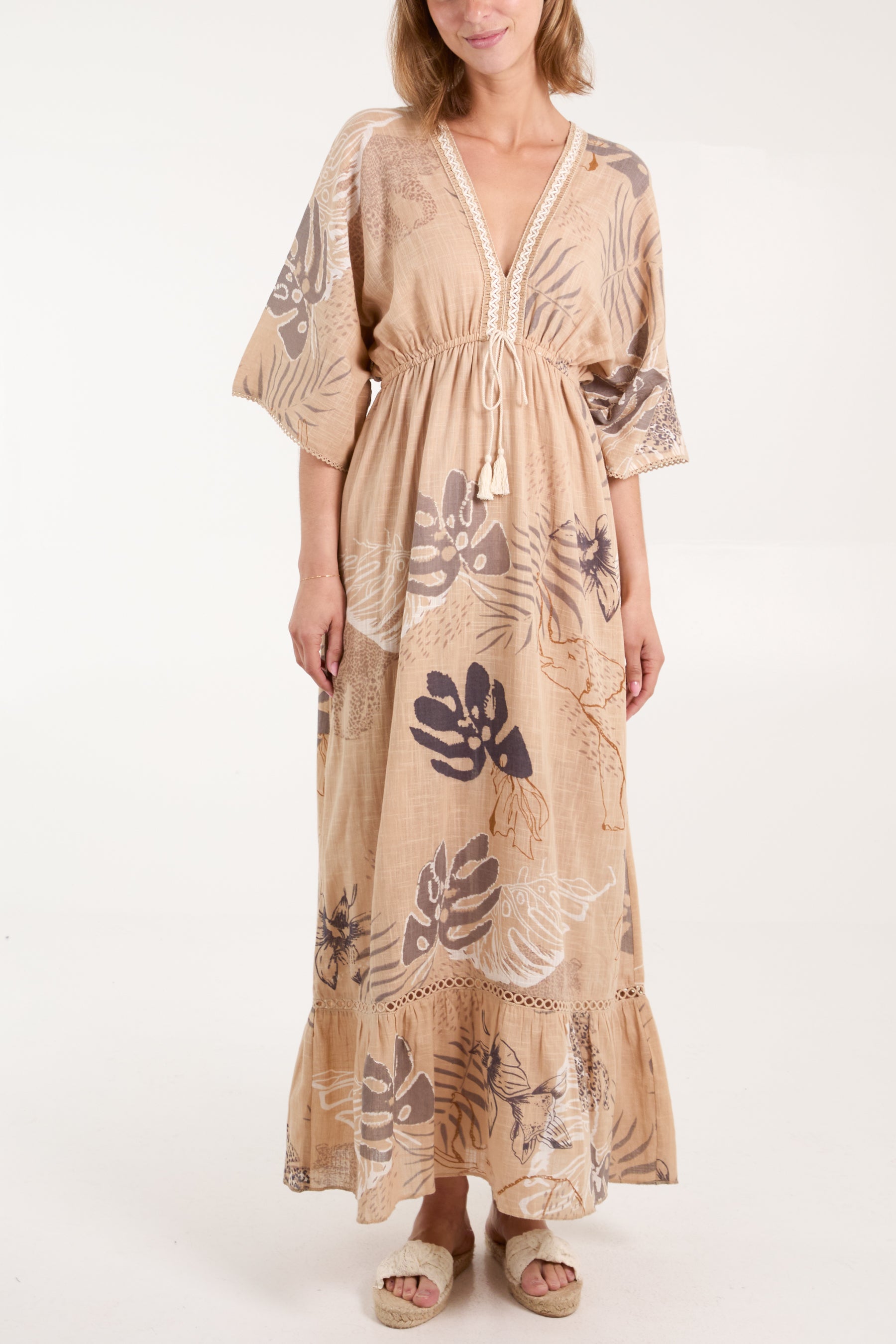 Leaf Print V-Neck Tassel Front Maxi Dress