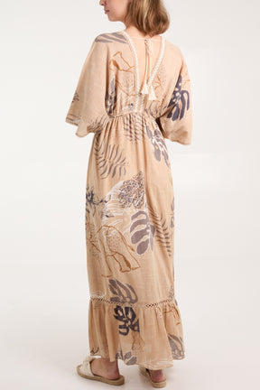 Leaf Print V-Neck Tassel Front Maxi Dress