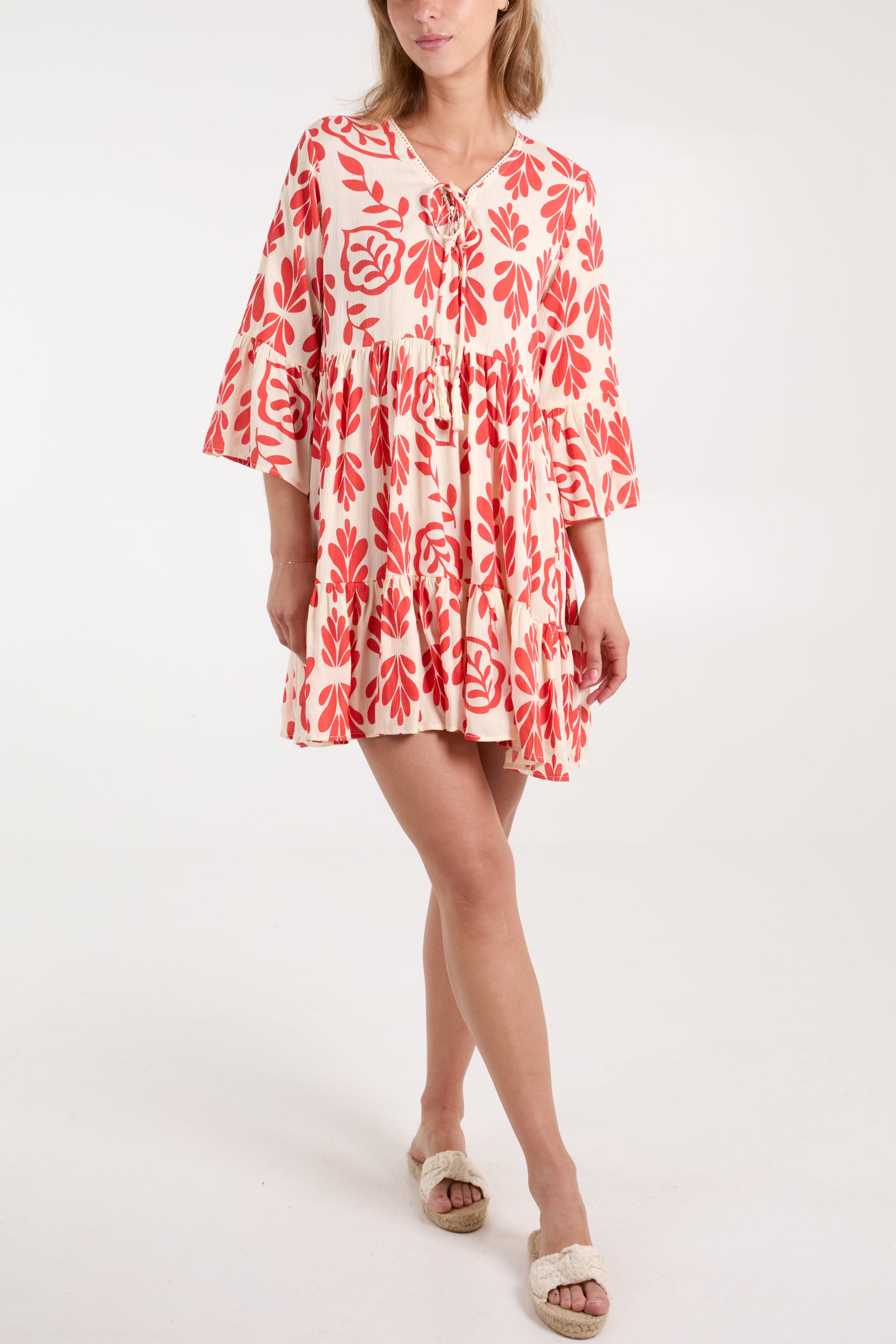 Leaf Print Tie Front Smock Dress