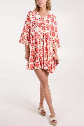 Leaf Print Tie Front Smock Dress