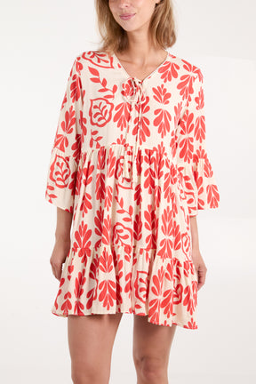 Leaf Print Tie Front Smock Dress