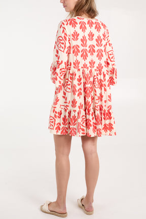 Leaf Print Tie Front Smock Dress