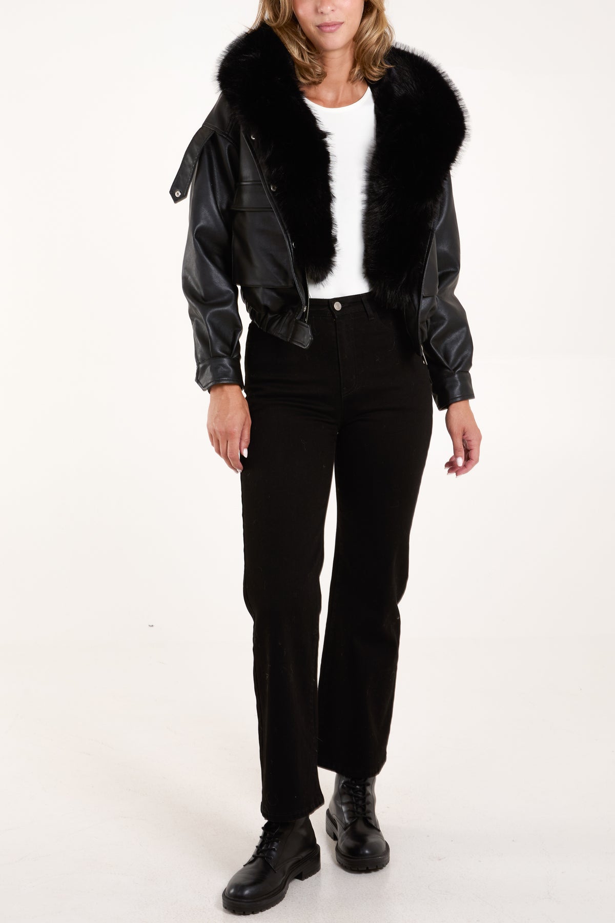 Pu Fur Hooded Cropped Bomber Jacket