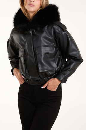 Pu Fur Hooded Cropped Bomber Jacket