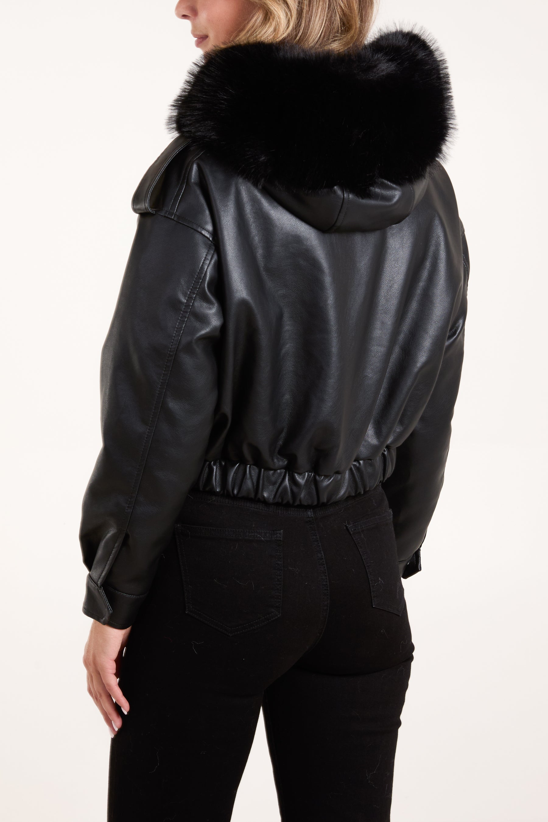 Pu Fur Hooded Cropped Bomber Jacket