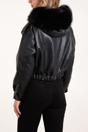 Pu Fur Hooded Cropped Bomber Jacket