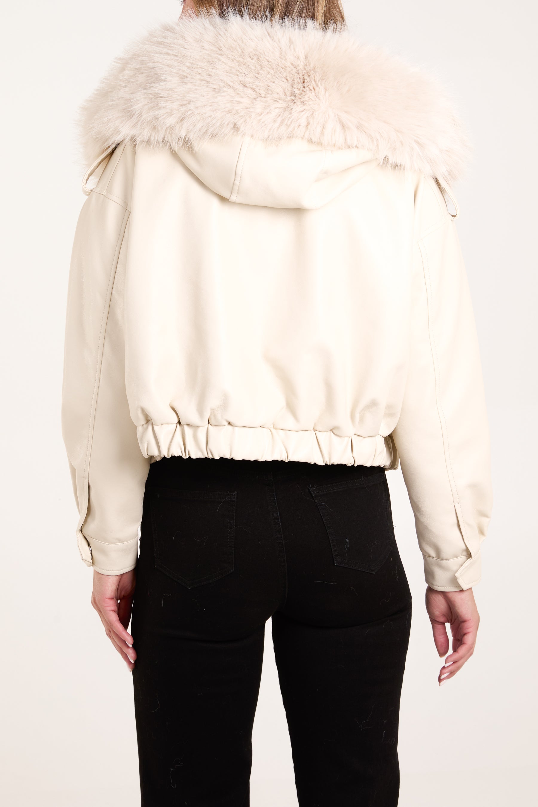 Cropped bomber jacket with fur hood on sale