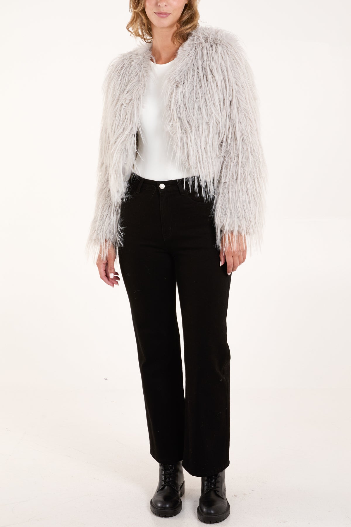 Lurex Detail Cropped Fur Coat