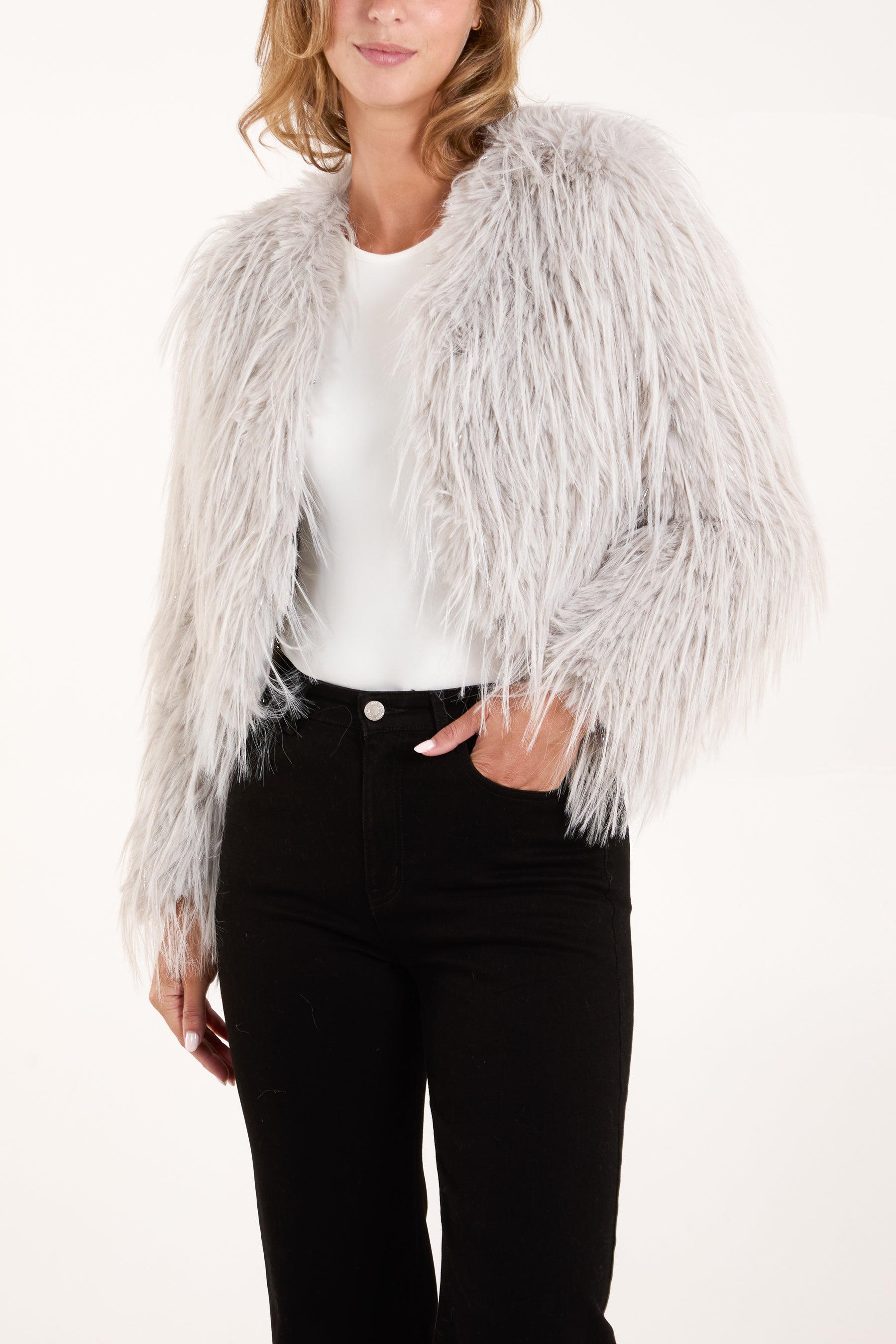 Lurex Detail Cropped Fur Coat