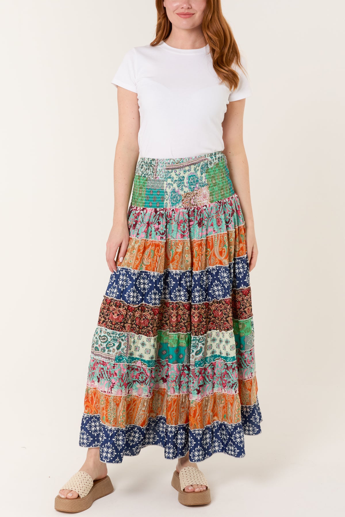 Multi Print Tiered Shirred Skirt