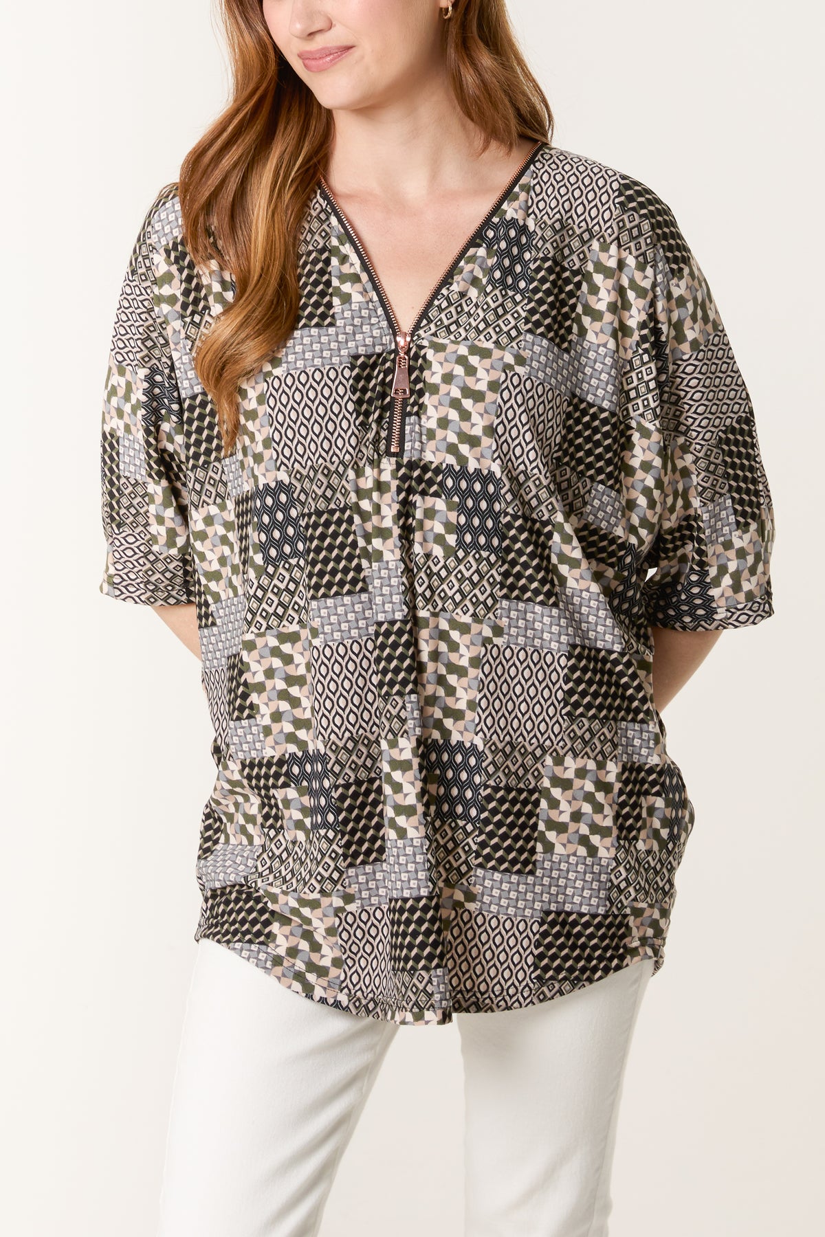 Patchwork Print Zip Front Top