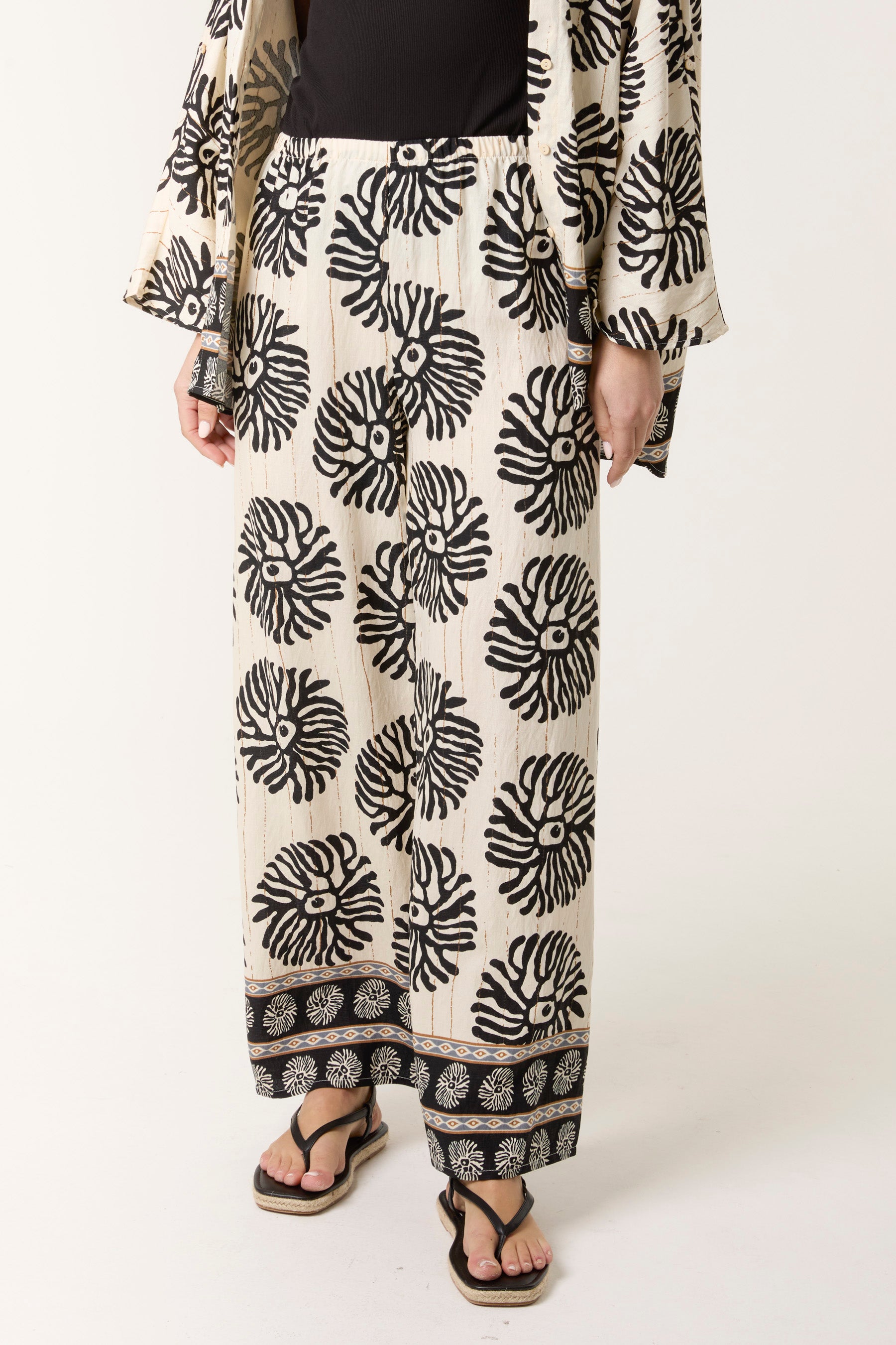 Printed & Gold Detail Wide Leg Trousers