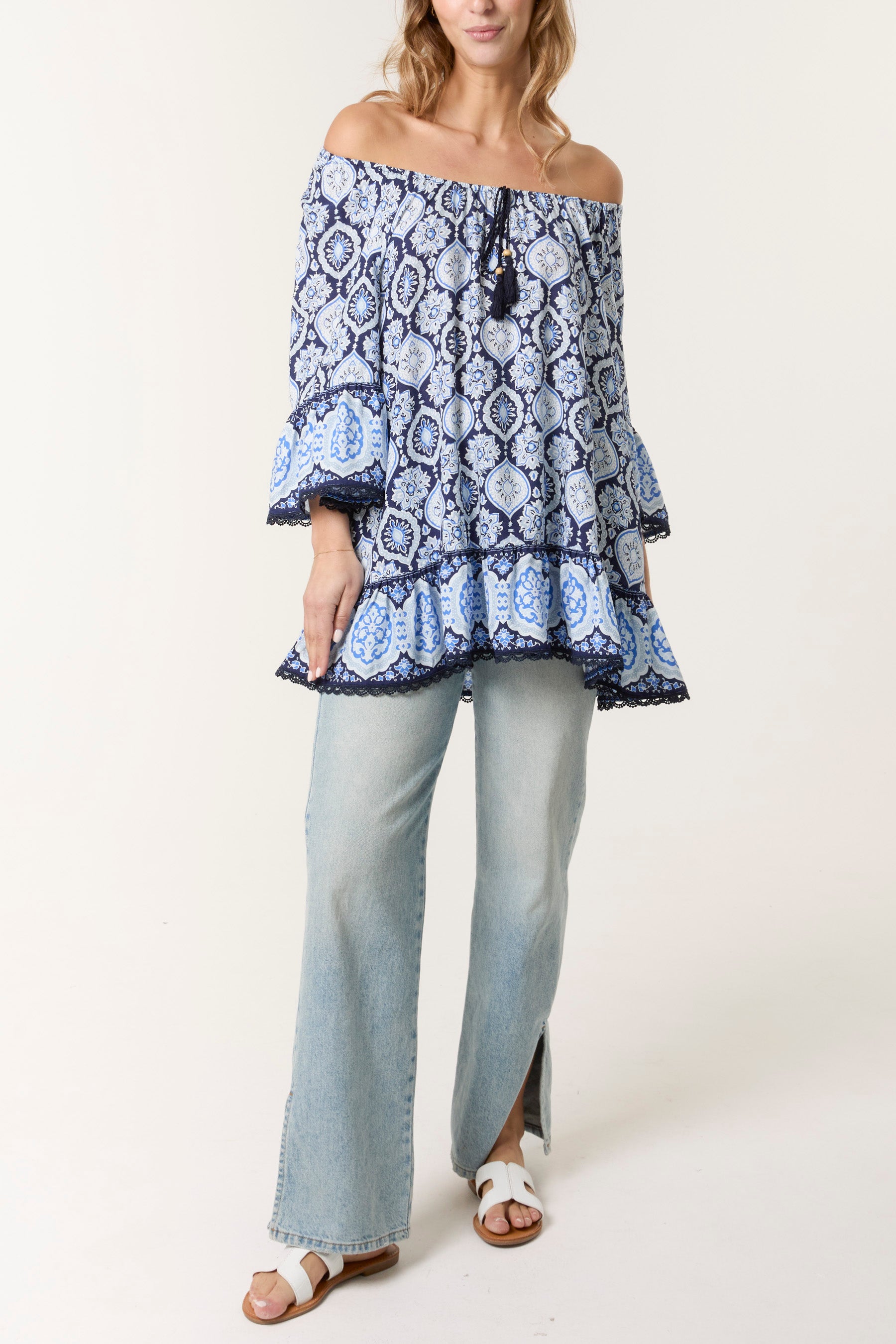 Printed Tassels Bardot Tunic Top