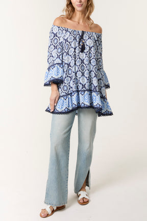 Printed Tassels Bardot Tunic Top