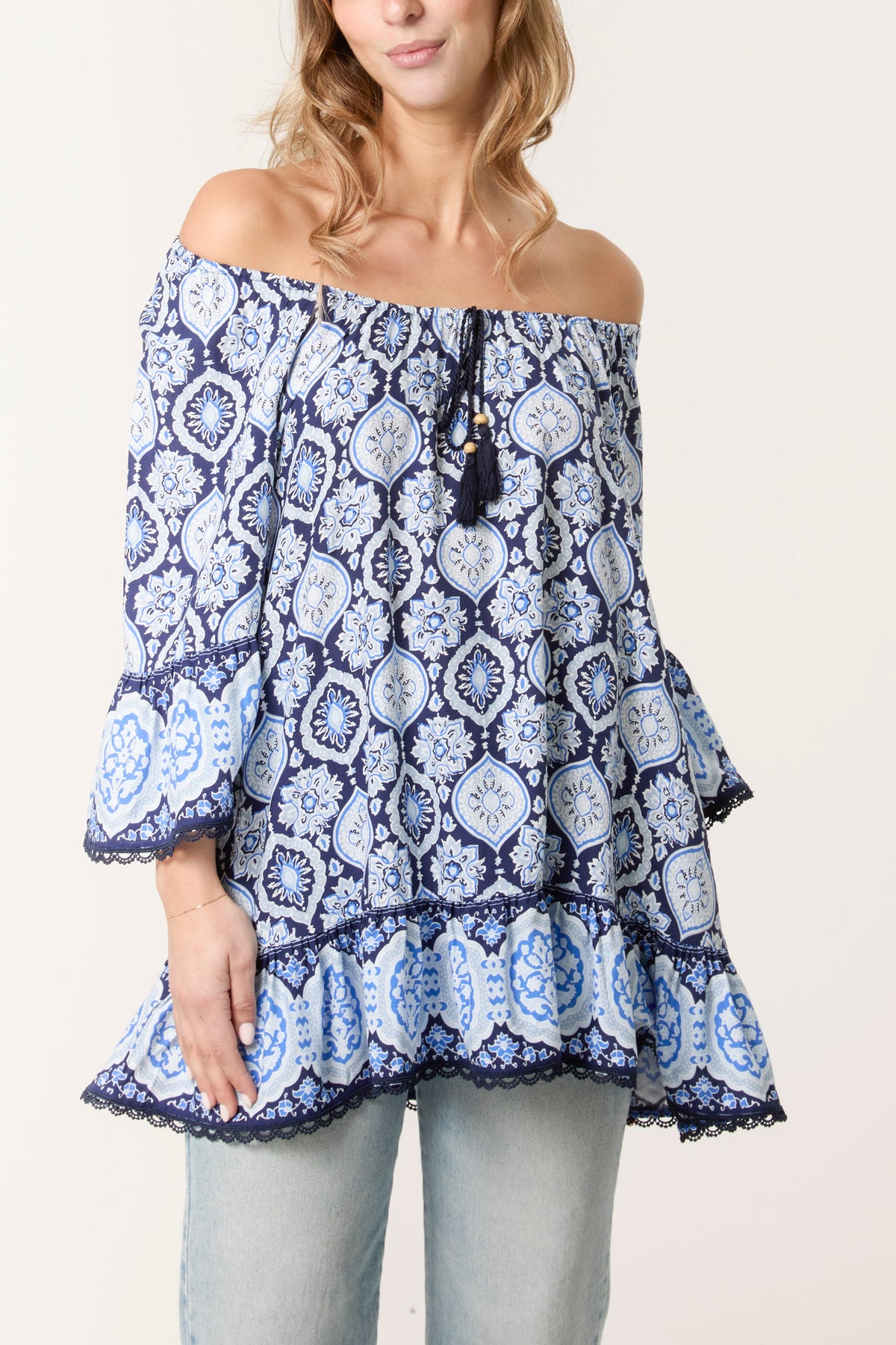 Printed Tassels Bardot Tunic Top