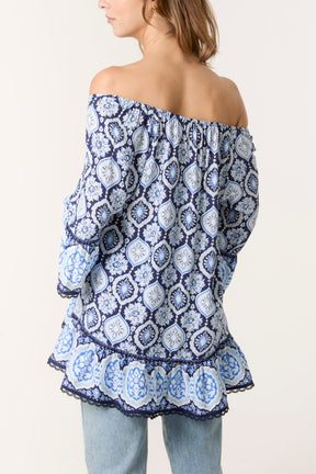 Printed Tassels Bardot Tunic Top