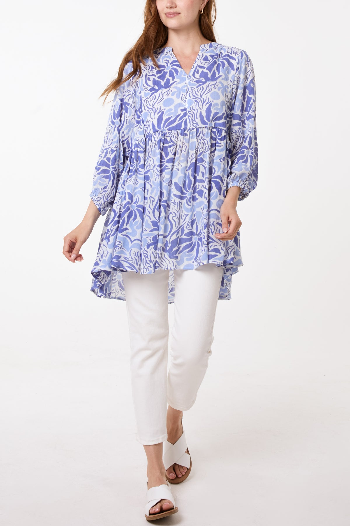 Abstract Leaf Open Collar Tunic Top