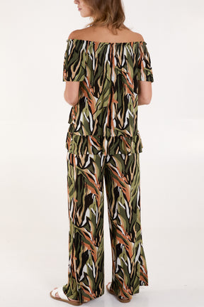 Abstract Print Plisse Bardot Top & Trouser Set