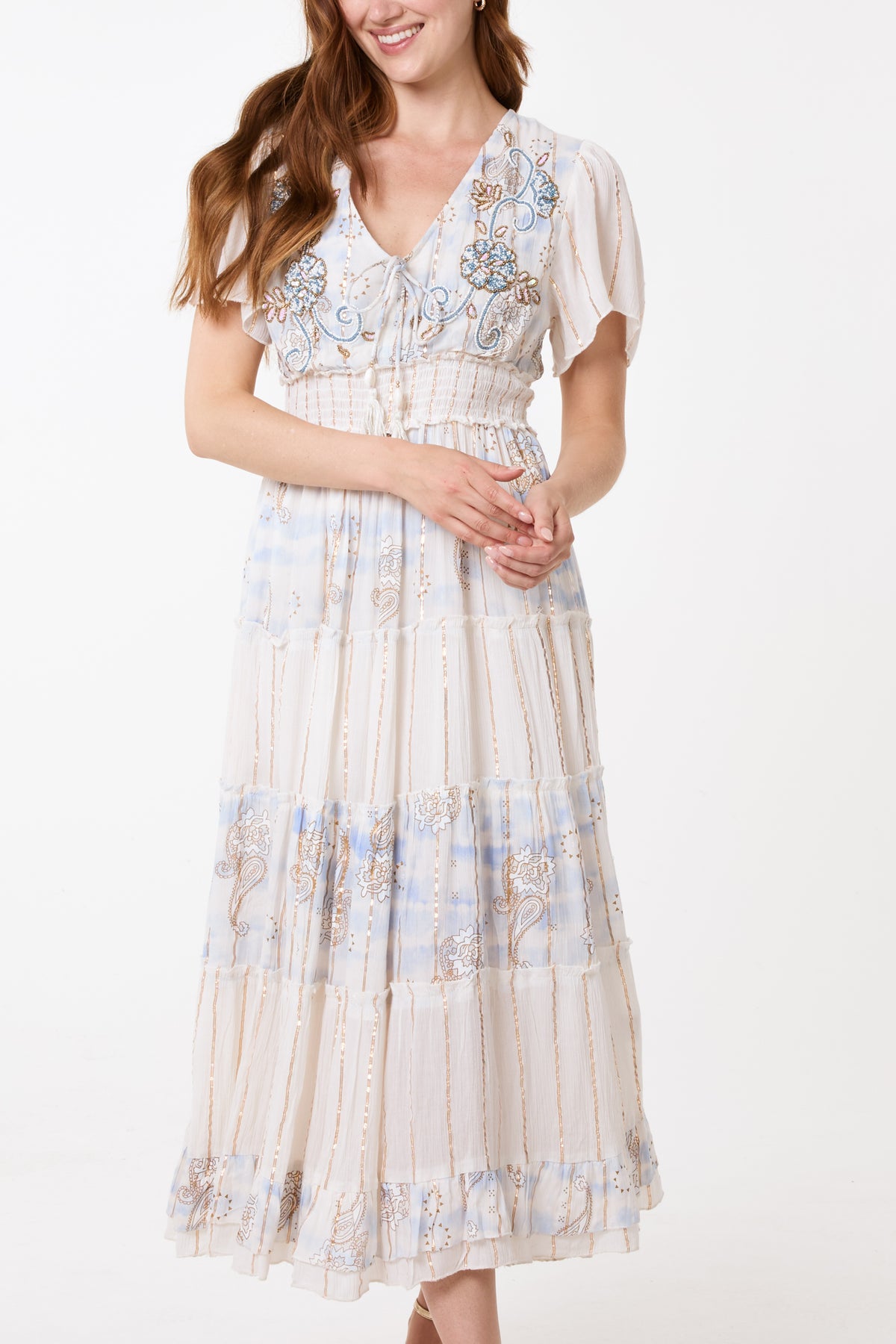 Embellished Gold Floral Tiered Dress
