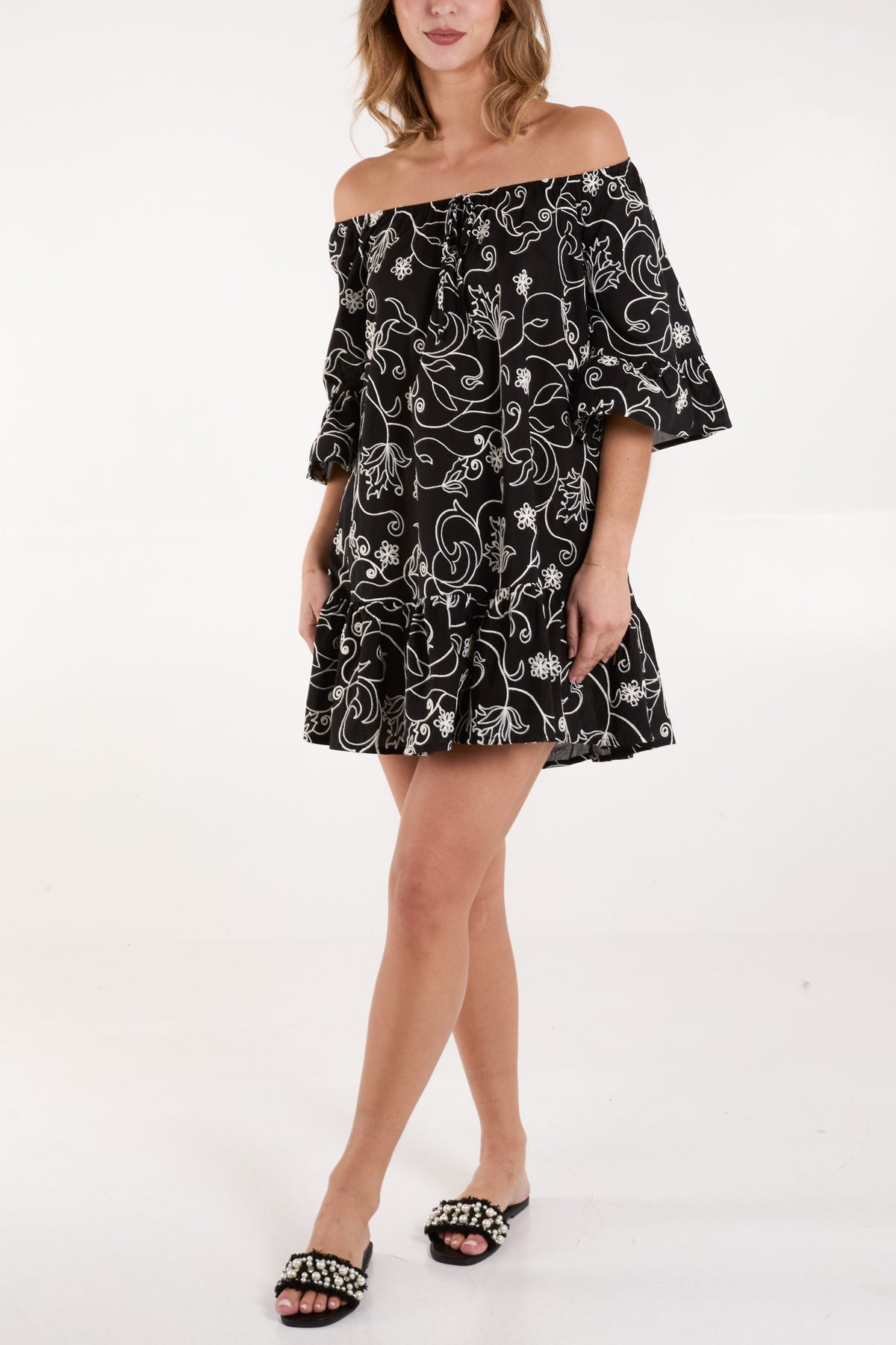 Flower Embroidered Bardot Smock Dress