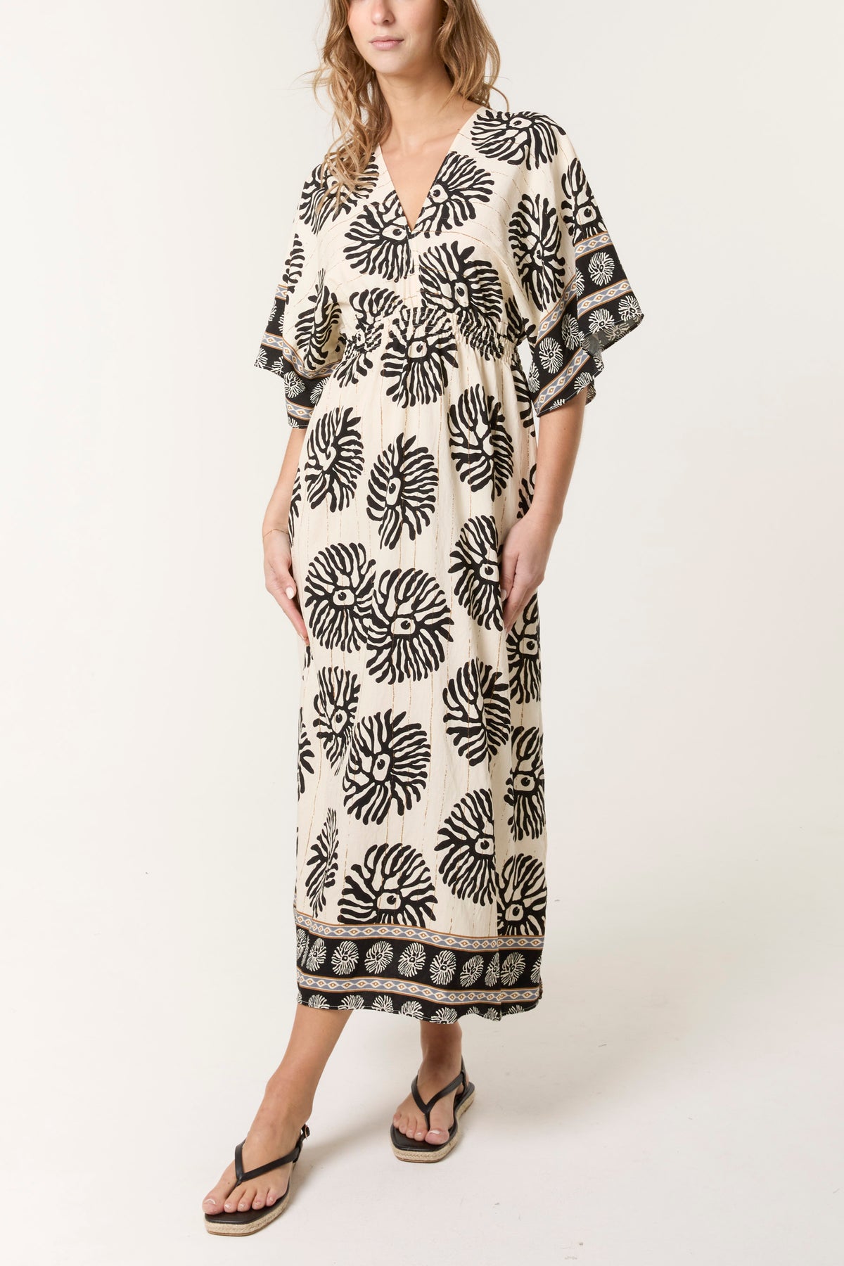 Printed & Gold Detail V-Neck Maxi Dress