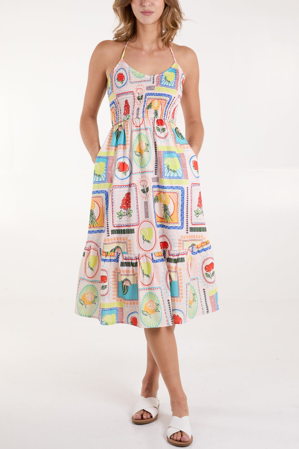 Fruit Print Halter Neck Shirred Midi Dress