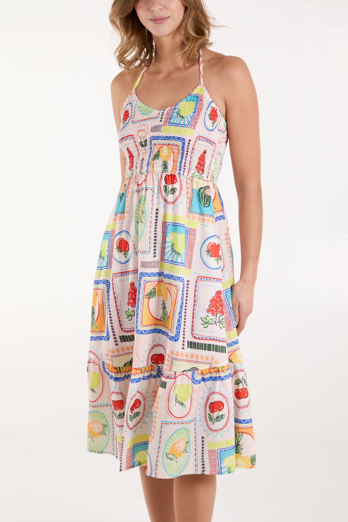 Fruit Print Halter Neck Shirred Midi Dress