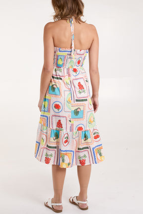 Fruit Print Halter Neck Shirred Midi Dress