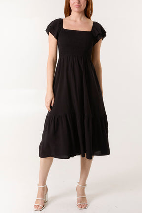 Plain Square Neck Shirred Dress